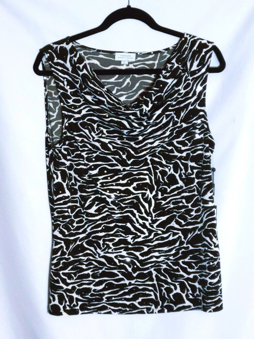 Tahari Becca Top Women's Large Sequin Shiny Black White Animal Zebra Print